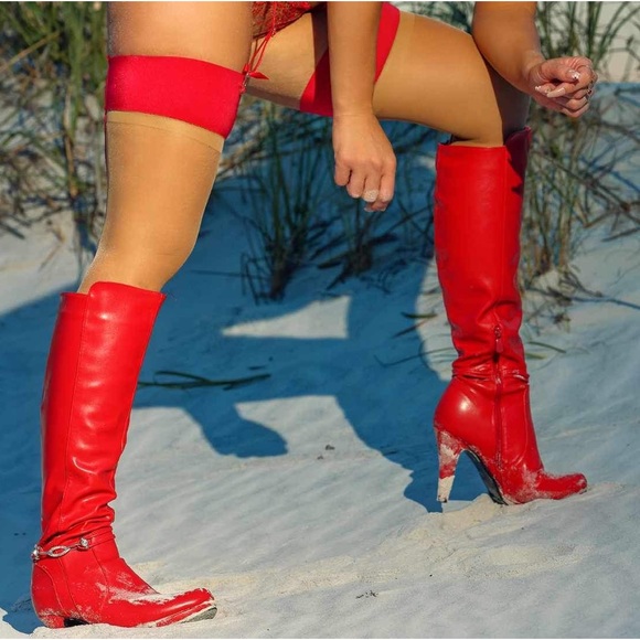 Women's Red Knee-High Boots Pointed Toe Bright Leather Heel Boots - Picture 1 of 10